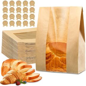 50 Pcs Bread Bags for Homemade Bread, Sourdough Paper Bread Bags With Window, 50% Thicker 13.7x8.2x3.7in A Large Bakery Bags Used for Storage Bread Cookies & Snacks, 60 Cute Sealing Stickers With Ties