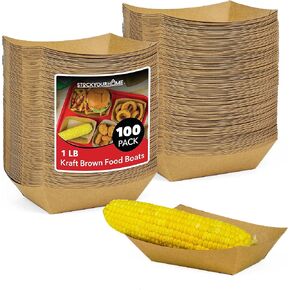 [250 Pack] Medium Disposable Brown Kraft Paper Food Trays, 1-Lb Concession Tray, Serving Boats for Party Snacks, Taco Bar, Seafood, Nachos Plates