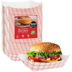 Medium Paper Food Boats (100 Pack) 2 Lb Disposable Red & White Checkered Paper Food Trays, Eco Friendly Paper Food Trays, Serving Boats for Concession Food & Condiments, Paper Nacho Trays 4.5" x 2.75"