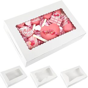 Moretoes 48pcs Bakery Boxes,12x8x2.5 Inches Cookie Boxes with 3 Style Window, Valentine's Day Boxes for Chocolate Covered Strawberries, Desserts, Cookies, with 4pcs Stickers