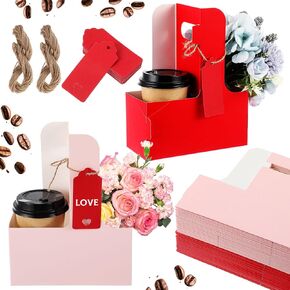 50 Pcs 2 Cup Drink Carrier with Handle Red and Pink Kraft Paperboard Cup Holder Portable for Hot Cold Drinks Coffee Cup Caddy with Heart Cutout Card and Rope for Valentine's Day