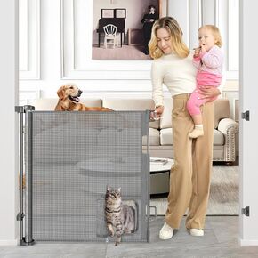 Retractable Baby Gates with Door 55" Wide Retractable Dog Gate with Pet Door Outdoor Retractable Gate for Dogs Mesh Baby Gate Retractable Pet Gate with Cat Door Retractable Child Gates for Doorways