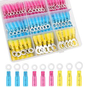 125Pcs Heat Shrink Ring Wire Connectors，#10,1/4",5/16",3/8"(3 Colors/4 Sizes)12-10 16-14 22-16 Gauge Waterproof Automotive Marine Electrical Terminals Kit，Insulated Crimp Connector Assortment