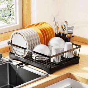 Dish Drying Rack for Kitchen Counter,Super Spacious&Compact Dish Rack,360° Rotary Spout, Cutlery/Tableware Holder,Rustproof Organizer Shelf with Drainboard,Black Sink Utensil Holder