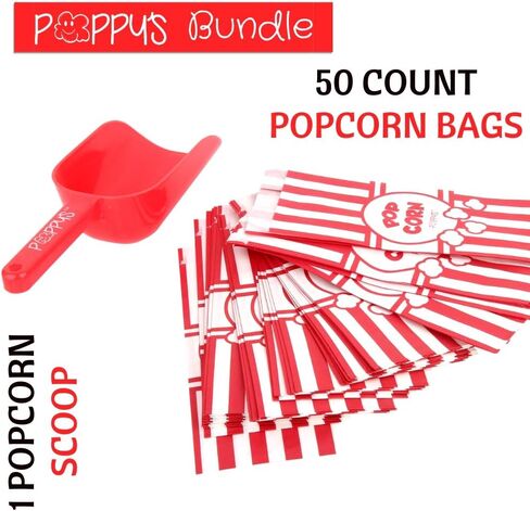 Poppy's Plastic Popcorn Scoop Bundle - 50 Bags and Plastic Popcorn Scooper, Popcorn Machine Accessories for Popcorn Bars, Movie Nights, Concessions in Kuwait