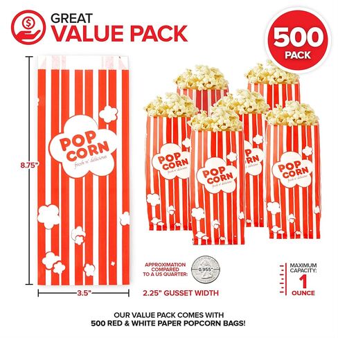 2 oz Paper Popcorn Bags Bulk (100 Pack) Large Red & White Pop-corn Bag Disposable for Carnival Themed Party, Movie Night, Halloween, Popcorn Machine Accessories & Supplies, Individual Servings in Saudi Arabia