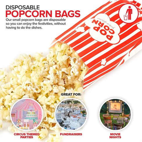 2 oz Paper Popcorn Bags Bulk (100 Pack) Large Red & White Pop-corn Bag Disposable for Carnival Themed Party, Movie Night, Halloween, Popcorn Machine Accessories & Supplies, Individual Servings in Saudi Arabia