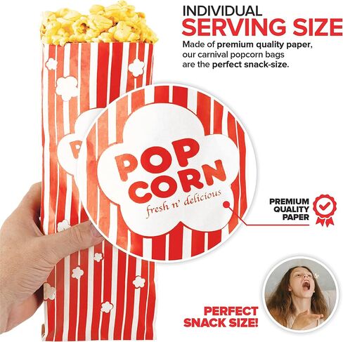 2 oz Paper Popcorn Bags Bulk (100 Pack) Large Red & White Pop-corn Bag Disposable for Carnival Themed Party, Movie Night, Halloween, Popcorn Machine Accessories & Supplies, Individual Servings in Saudi Arabia