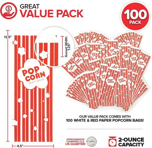 2 oz Paper Popcorn Bags Bulk (100 Pack) Large Red & White Pop-corn Bag Disposable for Carnival Themed Party, Movie Night, Halloween, Popcorn Machine Accessories & Supplies, Individual Servings in Saudi Arabia