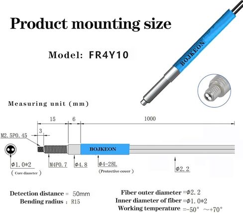 مستشعر الألياف البصرية FR6Y10، ألياف بصرية رقمية عاكسة منتشرة، طول الخط 1000 مم، مستشعر مسبار M6، مسافة الكشف 0-70 مم in Kuwait