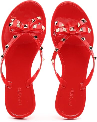 Studded Jelly Shoes for Womens Bow Flip Flops Jellies Sandals Flat Black Summer Beach Thong with Rivets Strappy Slides Slip On in Saudi Arabia