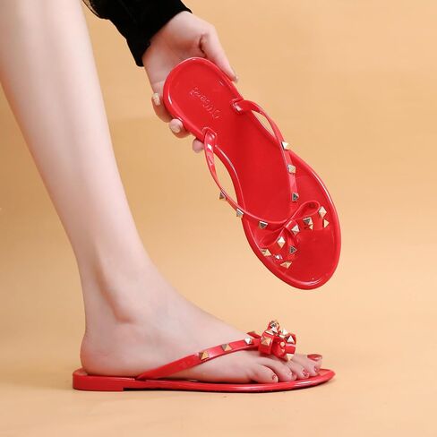 Studded Jelly Shoes for Womens Bow Flip Flops Jellies Sandals Flat Black Summer Beach Thong with Rivets Strappy Slides Slip On in Saudi Arabia