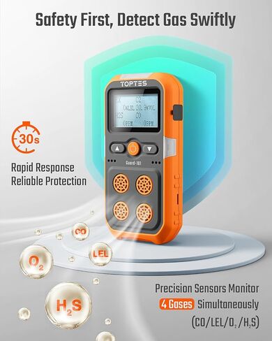 كاشف الغاز Guard-101، 4 شاشات غاز لـ H2S، CO، LEL وO2، مع اهتزاز، إنذار مرئي ومسموع، عمر بطارية طويل 14 ساعة، آمن مقاوم للانفجار، للعمل والمنزل - برتقالي in Kuwait
