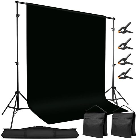 10x7ft Adjustable Photography Backdrop Stand Kit – Photo Studio Background Support with 4 Crossbars, 4 Clamps, 2 Sandbags (with 10 * 7 Feet Black Backdrop Curtain) in Saudi Arabia