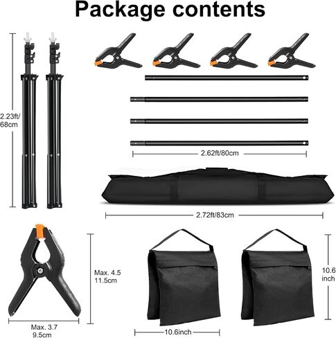 10x7ft Adjustable Photography Backdrop Stand Kit – Photo Studio Background Support with 4 Crossbars, 4 Clamps, 2 Sandbags (with 10 * 7 Feet Black Backdrop Curtain) in Saudi Arabia