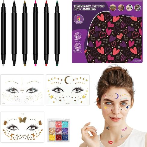 EBANKU Temporary Tattoo Markers for Skin, 6-Count Dual-End Body Markers + 3 Sheets Foil Body Stickers + 9 Colors Glitter Eye Shadow, Flexible Brush Tip, Bold and Fine Lines Tattoo Pens, Cosmetic-Grade in Saudi Arabia