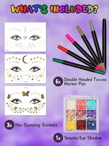 EBANKU Temporary Tattoo Markers for Skin, 6-Count Dual-End Body Markers + 3 Sheets Foil Body Stickers + 9 Colors Glitter Eye Shadow, Flexible Brush Tip, Bold and Fine Lines Tattoo Pens, Cosmetic-Grade in Saudi Arabia