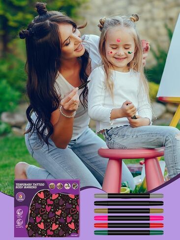 EBANKU Temporary Tattoo Markers for Skin, 6-Count Dual-End Body Markers + 3 Sheets Foil Body Stickers + 9 Colors Glitter Eye Shadow, Flexible Brush Tip, Bold and Fine Lines Tattoo Pens, Cosmetic-Grade in Saudi Arabia