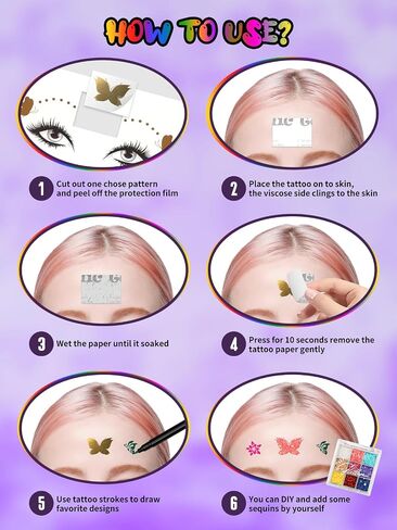 EBANKU Temporary Tattoo Markers for Skin, 6-Count Dual-End Body Markers + 3 Sheets Foil Body Stickers + 9 Colors Glitter Eye Shadow, Flexible Brush Tip, Bold and Fine Lines Tattoo Pens, Cosmetic-Grade in Saudi Arabia