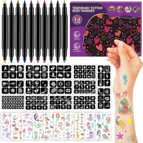 EBANKU Temporary Tattoo Markers for Skin, 6-Count Dual-End Body Markers + 3 Sheets Foil Body Stickers + 9 Colors Glitter Eye Shadow, Flexible Brush Tip, Bold and Fine Lines Tattoo Pens, Cosmetic-Grade in Saudi Arabia