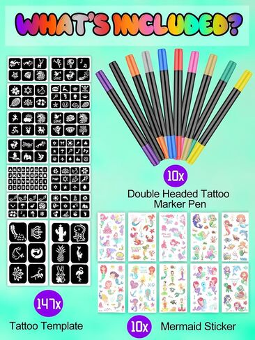EBANKU Temporary Tattoo Markers for Skin, 6-Count Dual-End Body Markers + 3 Sheets Foil Body Stickers + 9 Colors Glitter Eye Shadow, Flexible Brush Tip, Bold and Fine Lines Tattoo Pens, Cosmetic-Grade in Saudi Arabia