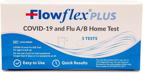 اختبار Flowflex® Plus لكوفيد-19 والإنفلونزا A/B المنزلي - (عبوة واحدة، 5 اختبارات) اختبار سريع لمستضد الأنفلونزا A&B 3 في 1، النتائج في 15 دقيقة، معتمد من إدارة الغذاء والدواء. مسحة أنفية غير جراحية، سهلة الاستخدام دون أي إزعاج in Kuwait
