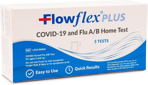اختبار Flowflex® Plus لكوفيد-19 والإنفلونزا A/B المنزلي - (عبوة واحدة، 5 اختبارات) اختبار سريع لمستضد الأنفلونزا A&B 3 في 1، النتائج في 15 دقيقة، معتمد من إدارة الغذاء والدواء. مسحة أنفية غير جراحية، سهلة الاستخدام دون أي إزعاج in Kuwait
