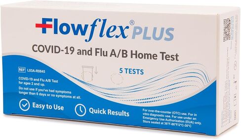 اختبار Flowflex® Plus لكوفيد-19 والإنفلونزا A/B المنزلي - (عبوة واحدة، 5 اختبارات) اختبار سريع لمستضد الأنفلونزا A&B 3 في 1، النتائج في 15 دقيقة، معتمد من إدارة الغذاء والدواء. مسحة أنفية غير جراحية، سهلة الاستخدام دون أي إزعاج in Kuwait