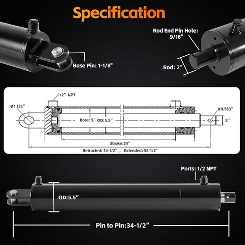 أسطوانة هيدروليكية مقاس 5 × 24 بوصة، أسطوانة مقسم السجل، 3500 رطل لكل بوصة مربعة، أسطوانة هيدروليكية عالمية بتجويف 5 بوصة شوط 24 بوصة، أسطوانة هيدروليكية شديدة التحمل 5 × 24 in Kuwait