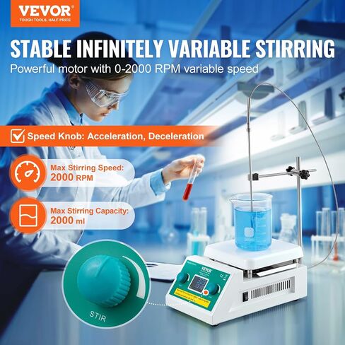 VEVOR Magnetic Mixer with Heating Plate, Up to 572°F/300°C, Speed Range 0-2000 RPM, 2L Capacity, Includes LED Display, Support Stand, and Stirring Bars, 500W in Saudi Arabia