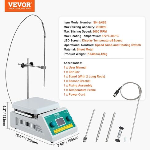 VEVOR Magnetic Mixer with Heating Plate, Up to 572°F/300°C, Speed Range 0-2000 RPM, 2L Capacity, Includes LED Display, Support Stand, and Stirring Bars, 500W in Saudi Arabia