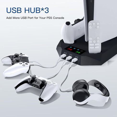 PS5 Cooling Station, Coooudqs PS5 Slim Stand with Controller Charging Station for PlayStation 5, PS5 Accessories Kits with 3 Levels Cooling Fan, Headset Holder for PS5 Digital/Disc-White in Kuwait