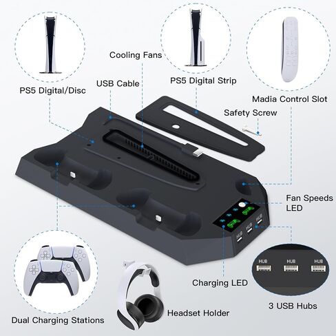 PS5 Cooling Station, Coooudqs PS5 Slim Stand with Controller Charging Station for PlayStation 5, PS5 Accessories Kits with 3 Levels Cooling Fan, Headset Holder for PS5 Digital/Disc-White in Kuwait