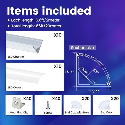 Muzata 10Pack 6.6FT/2M Plus-Size Spotless V Shape LED Channel with Milky White Cover 30x30MM Silver LED Aluminum LED Diffuser Channel LED Strip Light Diffuser V101 WW 2M in Kuwait