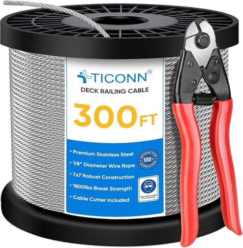 TICONN 1/8 "كابل حديدي سطح السفينة 150 قدمًا مع قاطع، كابل سلك حبل فولاذي مقاوم للصدأ ممتاز 7 × 7 خيوط، مثالي لمشروع كابلات سطح السفينة أو الدرج (150 قدمًا) in Kuwait