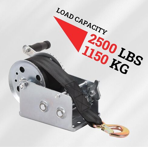 Hand Winch Boat Trailer Winch 2500lbs Heavy Duty Hook with 23ft Black Polyester Strap, Two Way Ratchet Portable Manual Winch for Trailers ATV UTV Boat Marine in Saudi Arabia