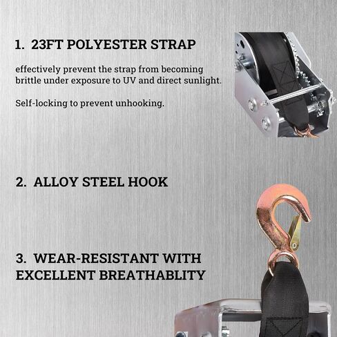 Hand Winch Boat Trailer Winch 2500lbs Heavy Duty Hook with 23ft Black Polyester Strap, Two Way Ratchet Portable Manual Winch for Trailers ATV UTV Boat Marine in Saudi Arabia