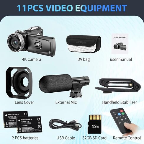 Digital Camcorder Video Camera 4K for Students Teens Beginner, 4K 60FPS Video Recorder 48MP Photo Video Camera Kit with Extral Mic, Remote, Memory Card in Saudi Arabia