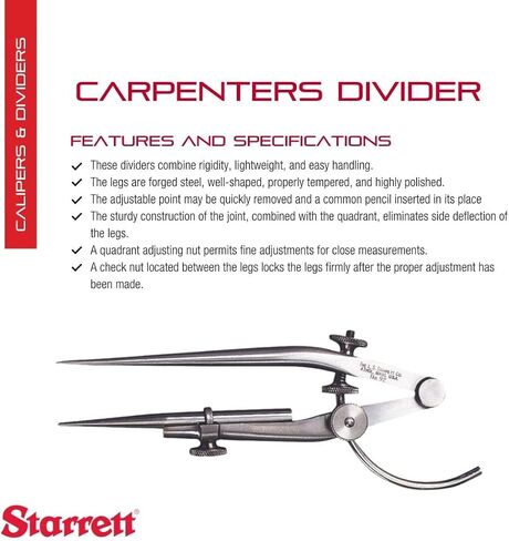 مقسم Starrett Carpenters بأرجل فولاذية مصقولة ومصقولة للغاية، ونقطة قابلة للتعديل وجوز ضبط رباعي - حجم وسعة 6 بوصات - 92-6 in Kuwait