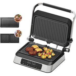 Panini Grill Press Sandwich Maker – Smokeless Indoor Grill with 2 Removable Ceramic Non-Stick Plates, 6 Cooking Functions, 1600W, 180° Reversible Grill Plate (Black)
