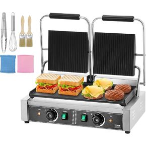 VEVOR Commercial Panini Grill, 1800W Electric Sandwich Panini Maker, Stainless Steel Sandwich Press Grill, Panini Grill with Temp Control & 14"x9" Full Flat Enamel Plate, for Hamburger Steak Bacon
