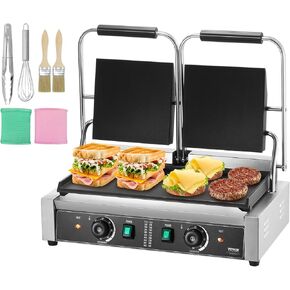 VEVOR Commercial Panini Grill, 3600W Electric Sandwich Panini Maker, Stainless Steel Double Sandwich Press, Panini Grill with Temp Control & 19"x9" Full Flat Enamel Plate, for Hamburger Steak Bacon