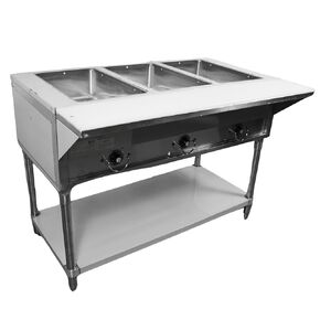 FSE 373-EST-3SW Stainless Steel Electric Steam Table with 3 Wells, 30-5/8" x 48" x 34-3/8", Poly Cutting Board, and Stainless Steel Undershelf