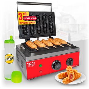 ALDKitchen Waffle Dog Maker | Corn Dog Maker with Red Panel for Business | Stainless Steel | Waffles on a Stick | 110V (6 Waffles)