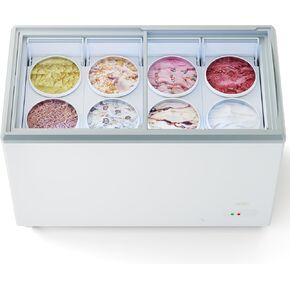 Commercial Ice Cream Dipping Cabinet Display Case, Slide Glass Top ice cream display freezer, 8 Large Displayed Tubs, 6 Storing Tube, Gelato Freezer Display Case, 12.7 Cu. Ft. Rolling, Lockable Wheels in Kuwait