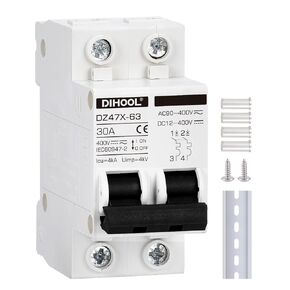 DIHOOL DC Miniature Circuit Breaker, 2-Pole 30 Amp Solar Disconnect Switch, AC DC Universal DIN Rail Mount Circuit Breakers