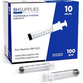 BH Supplies 10ml Luer Slip Tip Syringes (No Needle) - Sterile, Individually Wrapped - 100 Syringes