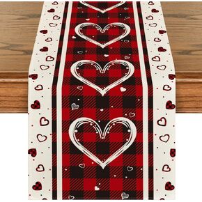 Artoid Mode Buffalo Plaid Love Hearts Valentine's Day Table Runner, Seasonal Kitchen Dining Table Decoration for Indoor Home Party 13x72 Inch