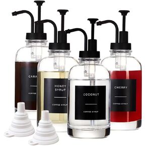 Coffee Syrup Dispensers for Coffee Bar(Set of 4),Coffee Syrup Pump Dispenser for Coffee Bar Accessories,16.9 oz Glass Syrup Dispenser with 36 Labels,Coffee Syrup Bottles with Matte Black Pump