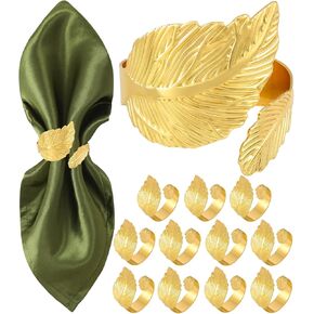 Napkin Rings, Gold Napkin Rings Set of 12, Shiny Metal Leaf Napkin Rings, Modern Fall Napkin Rings Bulk, Boho Napkin Rings for Christmas, Wedding, Party, Table Decor for Cloth Napkins